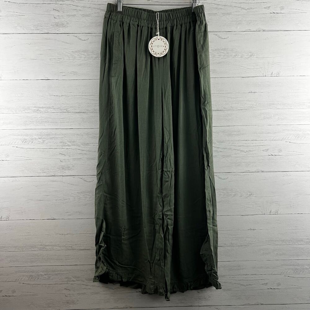 Umgee NWT Olive Green Ruffle Hem Linen Blend Pull On Pants Size XL